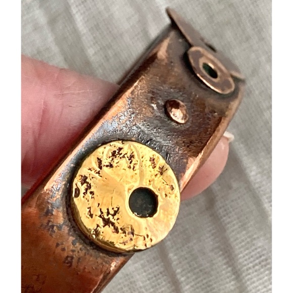 Artisan Recycled Copper & Brass Cuff Bracelet w/ Modernist Disk/Circle Design - Picture 8 of 11